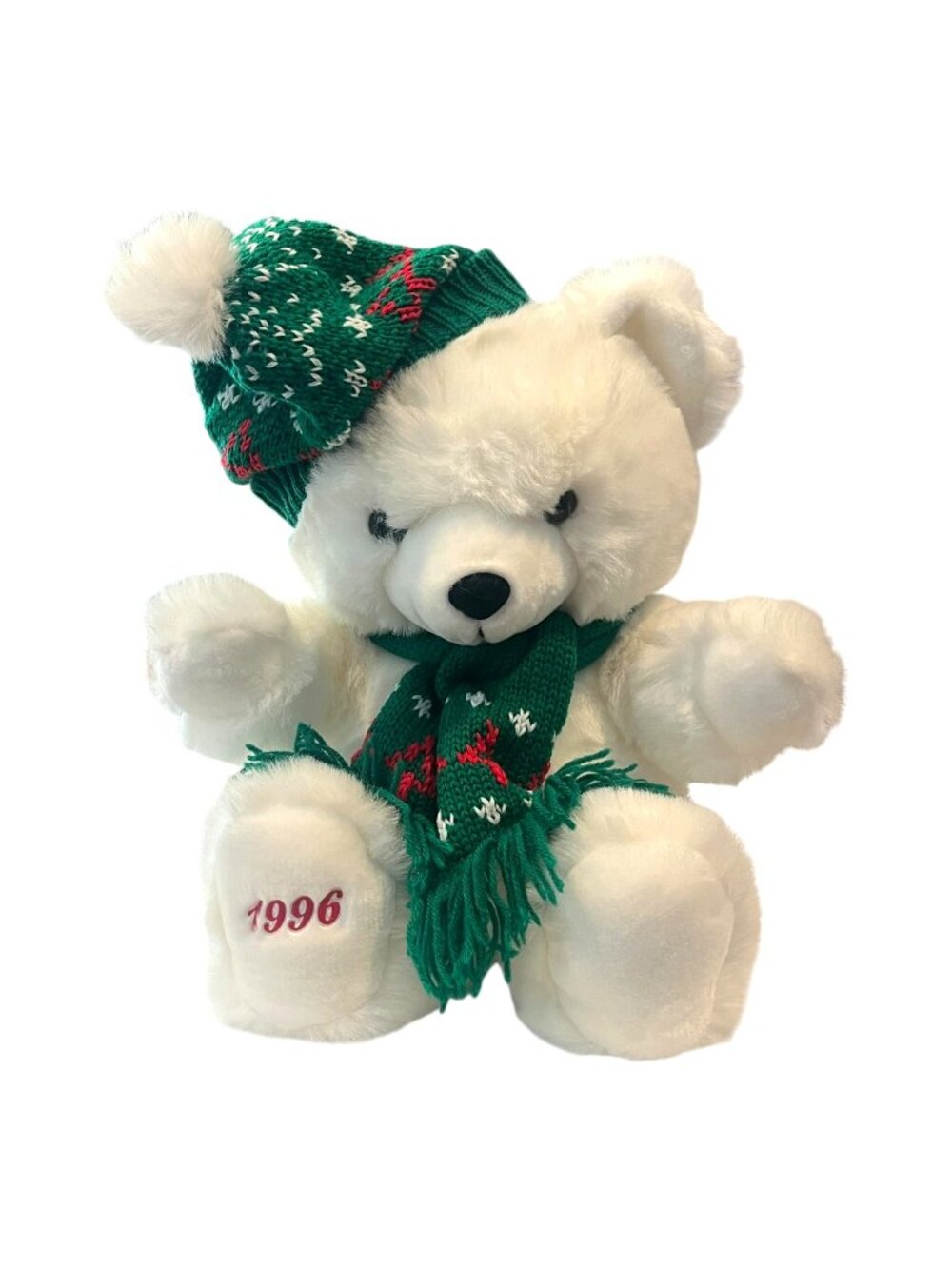 Christmas Teddy Bear White MAIN JOY Green Knit Hat Scarf Stuffed Animal Toy 1996